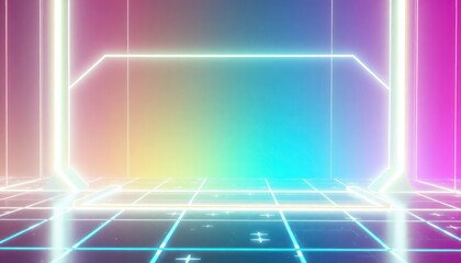 Vibrant neon grid stage with glowing lines and a colorful gradient background. Ideal for futuristic presentations, digital product displays, gaming, or virtual event backdrops.