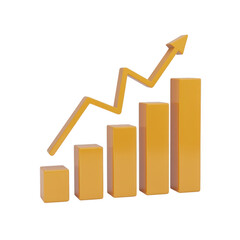 3d render of a yellow bar chart with an arrow pointing upwards isolated on transparent background, representing business growth and financial success