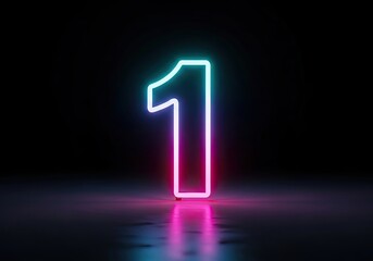 Bright neon number one illuminated in blue and pink against a dark reflective background