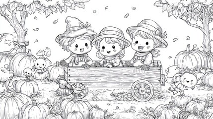 Charming black and white children in a wagon surrounded by pumpkins and trees