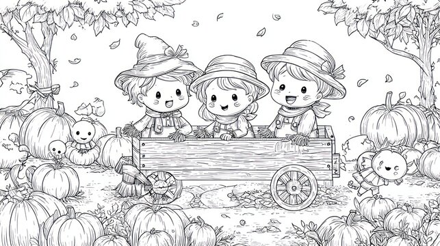 Charming black and white children in a wagon surrounded by pumpkins and trees