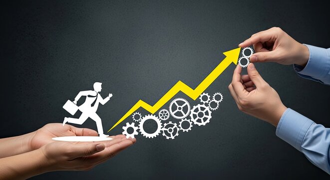Hands building a business growth chart with gears and a running businessman symbolizing success and progress