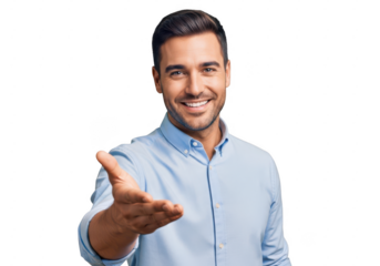 Smiling man offering handshake isolated on transparent background