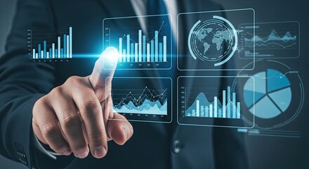Businessman s hand interacting with glowing futuristic digital interface displaying financial charts and data analytics