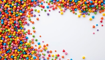 Obraz premium Colorful Assortment of Small Plastic Beads on a White Background Creating a Vibrant and Playful Texture