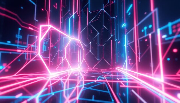 Futuristic digital abstract background with glowing neon pink and blue lines forming geometric patterns, representing data flow and technology.