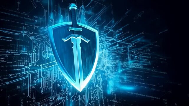 Glowing blue shield with sword against digital circuit background representing technological protection and network security. Futuristic holographic visualization with circuit board elements