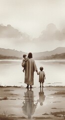 A sepia-toned watercolor artwork portrays a figure in a robe, carrying a child and leading another by the hand toward the water.