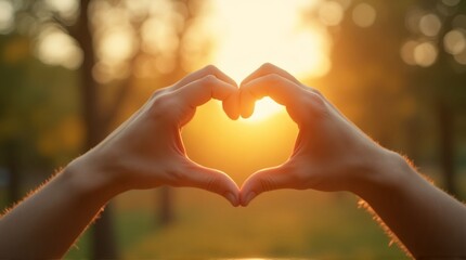 Hands forming a heart shape with sunlight shining through the fingers in a blurred background scene