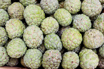 Many fresh sugar apples on sell at Asian local market. Tropical ripe sweet delicious sugar apple fruit at market.