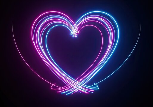 Vibrant neon heart shape formed by swirling pink and blue light trails on a dark background