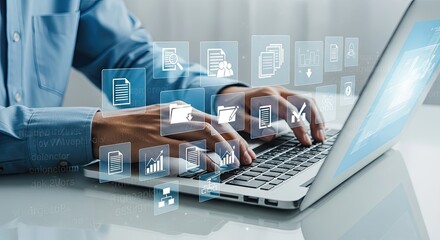 Close up of person s hands typing on a laptop with digital icons and data visualizations appearing above the keyboard