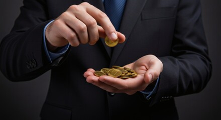 Fototapeta premium Investment Businessman counting gold coins in hand Dark background.