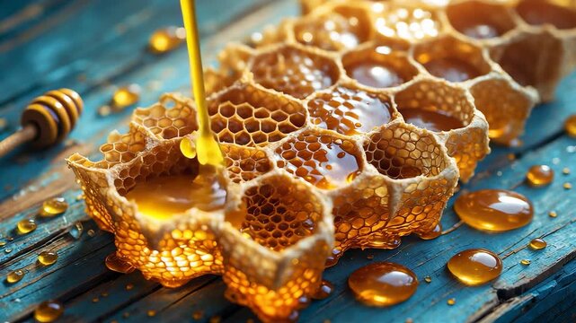 Golden honey dripping over natural honeycomb with wooden texture background showcasing sweet organic nectar in rustic beekeeping concept