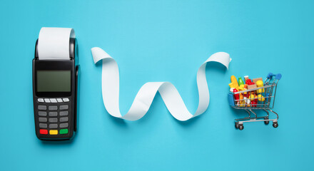 Grocery Run Long Receipt Winding to Toy Cart on Blue with Budgeting Concept.