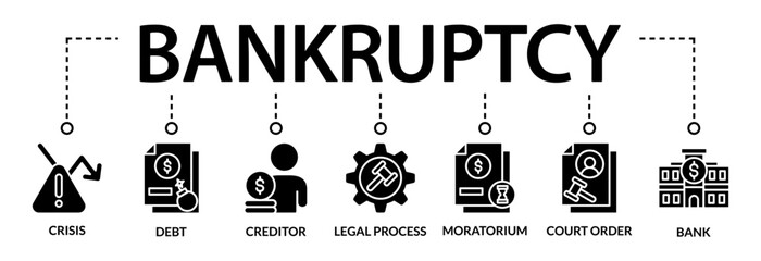 Bankruptcy Concept with vector icons. Bankruptcy is a legal process through which people or other entities who cannot repay debts to creditors may seek relief from some or all of their debts
