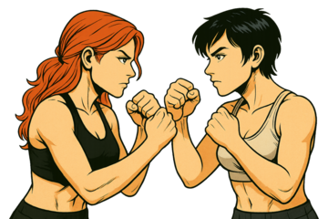 Two Female Fighters Face Off in Intense Staredown – Anime Style Illustration