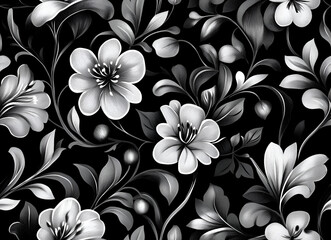 Elegant Seamless Floral Pattern in Black and White.  Luxury Monochrome Flower Background in a Vintage Baroque Style