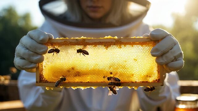 Beekeeper in protective suit holding honeycomb frame with bees in sunlight showing golden wax texture and natural apiculture process