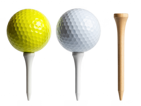 Two golf balls, one yellow and one white, with a wooden tee isolated on transparent background, ready for a game of golf