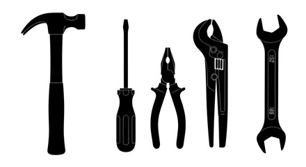 Silhouette of various tools arranged against a neutral background, perfect for illustrating construction, repair, or DIY concepts. The tools shown include a hammer, screwdriver, pliers.