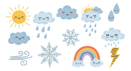 Whimsical weather elements in vibrant colors with cute expressions
