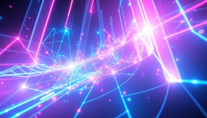 Dynamic abstract network with glowing neon lines and points, representing data flow, digital communication, and advanced technology. Ideal for concepts of AI, internet, and global connectivity.