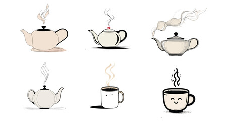 Illustration showing teapots and mugs with steam rising in a whimsical and hand drawn style design
