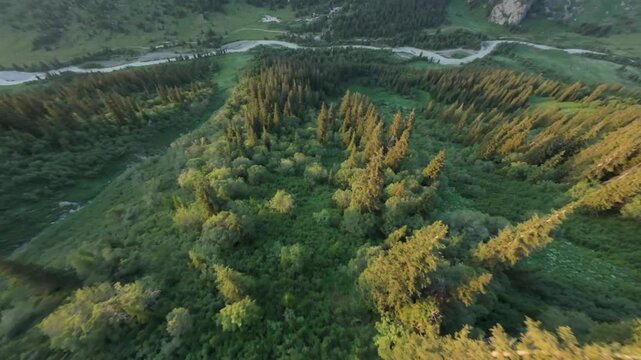 Stunning ala archa national park showcases a lush valley, winding rivers, and majestic tien shan mountains, creating a breathtaking panorama of nature's beauty