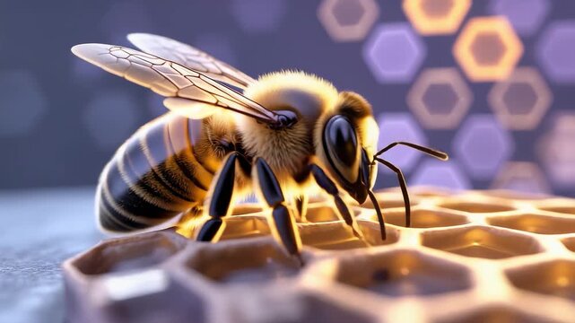 Macro honeybee collecting nectar on honeycomb with glowing hexagonal pattern in background highlighting pollination and natural process