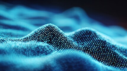 Abstract digital landscape of swirling, light-blue particles