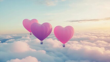 Heart-shaped pink balloons floating in a cloudy blue sky, creating an airborne display of affection.