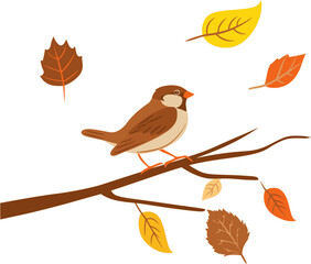 Sparrow Sitting on Autumn Branch Vector