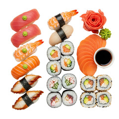 Photo of assortment of fresh sushi and sashimi, including nigiri, maki rolls, and salmon, served with soy sauce and wasabi, isolated on transparent background