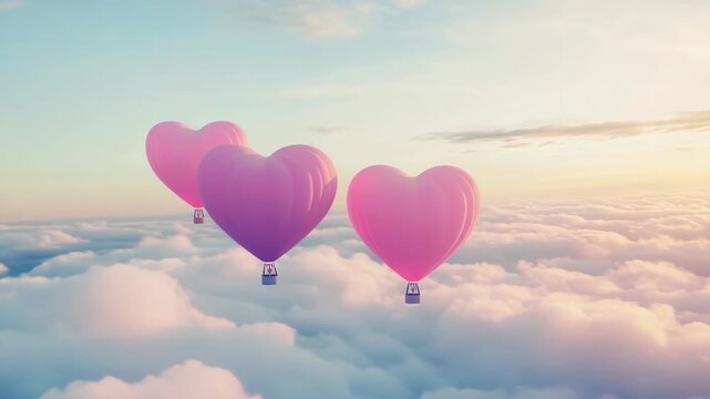 Heart-shaped pink balloons floating in a cloudy blue sky, creating an airborne display of affection.