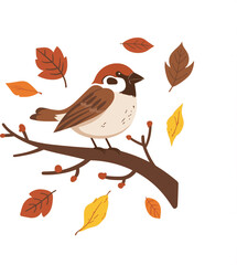 Sparrow Sitting on Autumn Branch Vector