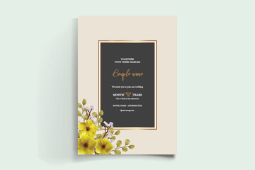 WEDDING INVITATION FRAME WITH FLOWER DECORATIONS AND FRESH LEAVES