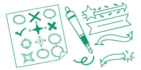 Collection of hand drawn doodle elements including checkmarks crosses circles targets and banners isolated on transparent background silhouette