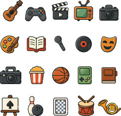 Flat Semi 3D Colorful Entertainment and Hobby Icon Set &ndash; Music, Gaming, Sports, Movie, Art, Fun Activities