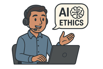 AI ethics concept with a tech support agent. Man with headset and laptop discussing artificial intelligence morality. Digital communication, chatbot, corporate responsibility vector.