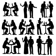 Silhouettes of couples and groups socializing with drinks in bar  