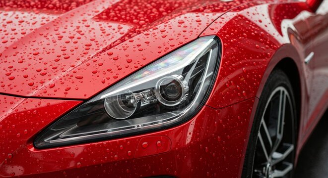 A glossy red car shines with water droplets after a rain shower, highlighting its sleek design and modern headlights.