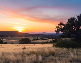 A breathtaking sunset paints the rolling hills of a vast, golden prairie.