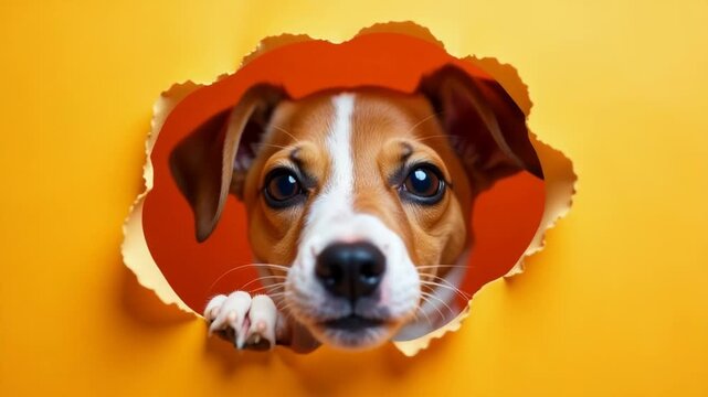 A curious dog peering through a hole in the wall