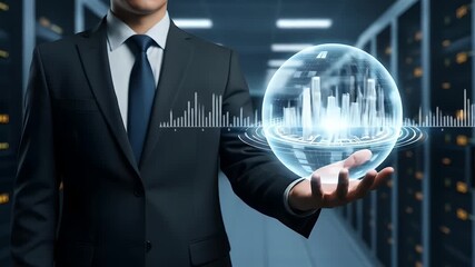 Businessman Holds Hologram of Smart City in Server Room - Powered by Adobe