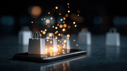 Online shopping experience is enhanced with digital shopping bags emerging from smartphone, symbolizing convenience and modern retail. glowing lights add magical touch to scene