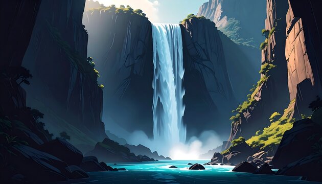 Majestic Waterfall Cascading Through a Canyon Gorge.