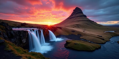 Dramatic sunset illuminates Kirkjufellsfoss waterfall and Kirkjufell mountain , water, clouds, Iceland