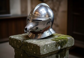 Antique steel helmet on stone pedestal
