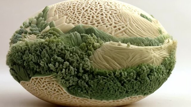 Carved melon sphere depicting landscape